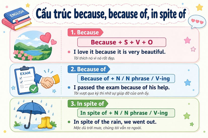 Cấu trúc Because, Because Of và In Spite Of