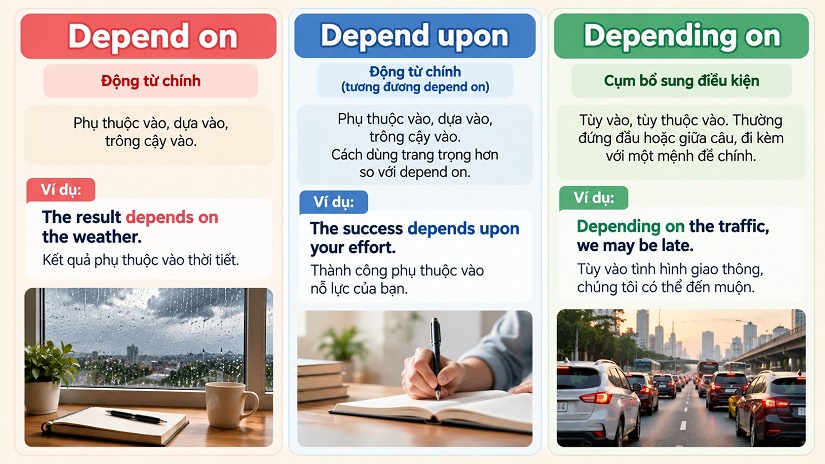 Mẹo phân biệt Depend on, Depend upon và Depending on