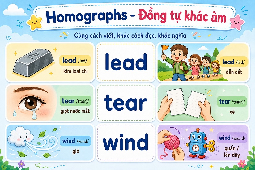 Homographs là từ có cách viết giống nhau nhưng cách phát âm và ý nghĩa khác nhau