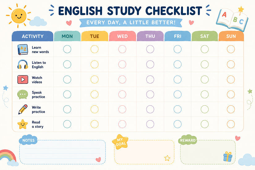 Mẫu checklist học tiếng Anh cho con tại nhà