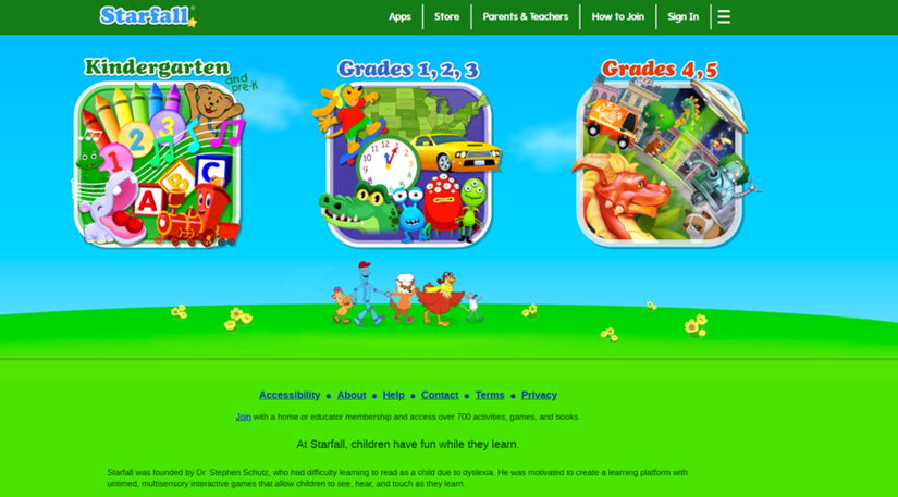 Starfall giúp trẻ học cách nhận biết chữ cái, ghép âm và phát âm chuẩn trước khi luyện đọc.