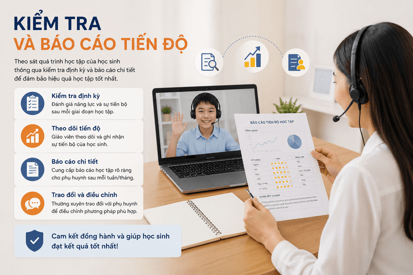 Gia sư sẽ thường xuyên kiểm tra và báo cáo tiến độ cho phụ huynh