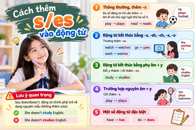 Cách thêm s/es vào động từ chính xác