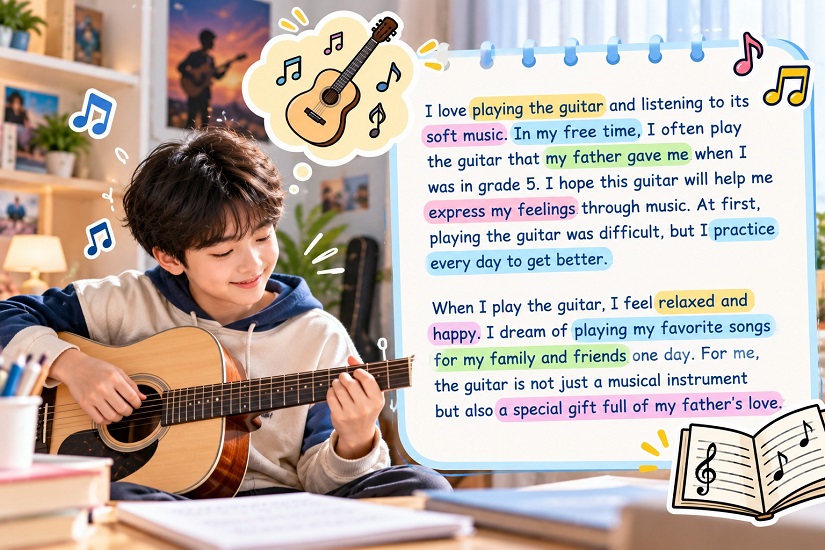 Viết về sở thích chơi guitar bằng tiếng Anh lớp 6